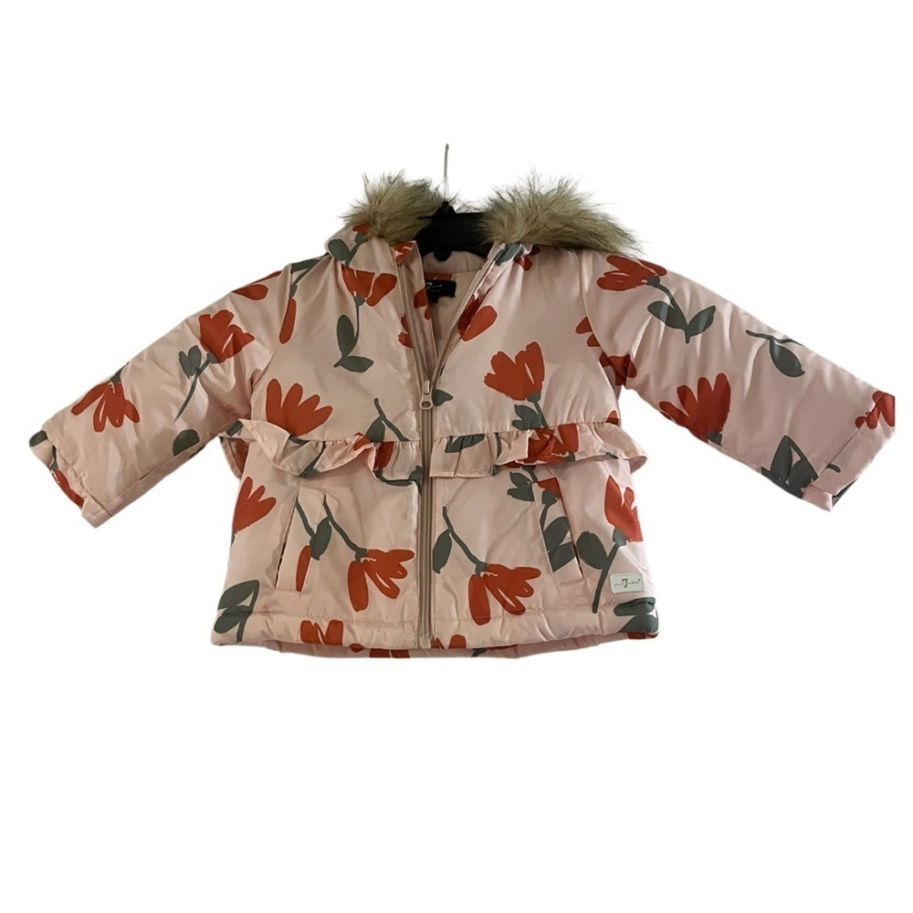 NWT 7 For All Mankind Floral Peach Kids Jacket with Fur Hood-Size 24 months